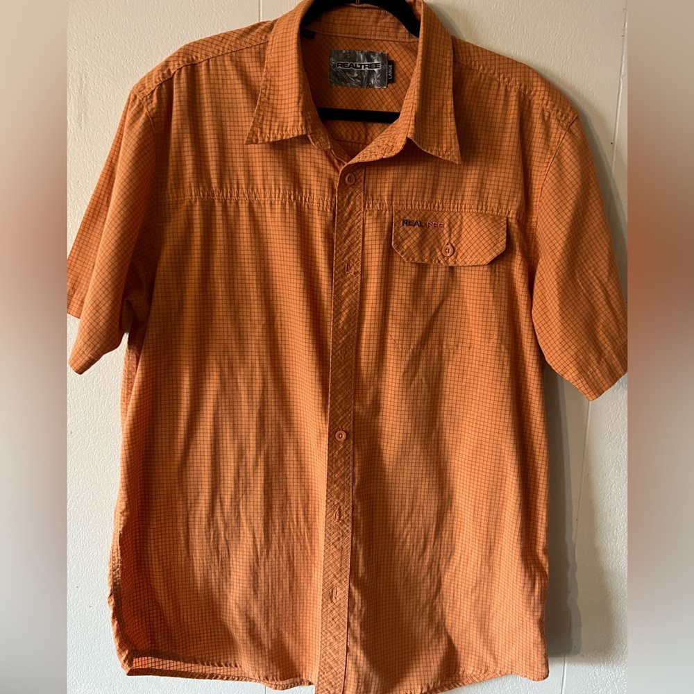 Realtree Checked Button Up Shirt Men Size L Rusty Orange Pocket Short Sleeve
